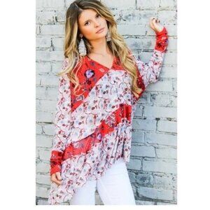 Free People Isabelle Tunic Top Cherry‎ Combo XS Floral Patchwork Boho Hippie